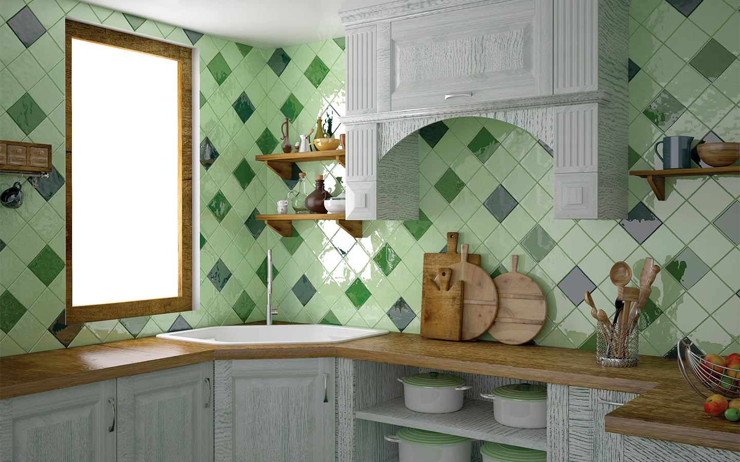 Rustic Wall Tile M15x15 | Green 880 Glossy